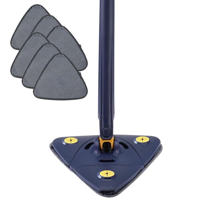 Mop multifunctional NEXTLY pentru suprafete uscate si ude, cap triunghiular rotativ 360°, stergator pentru geamuri, podele, pereti, mobila, laveta microfibre, maner telescopic, ajustabil, 6 lavete incluse