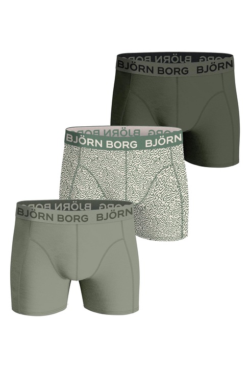 Björn Borg, Set de boxeri din amestec de bumbac cu banda logo in talie - 3 perechi, Alb/Verde