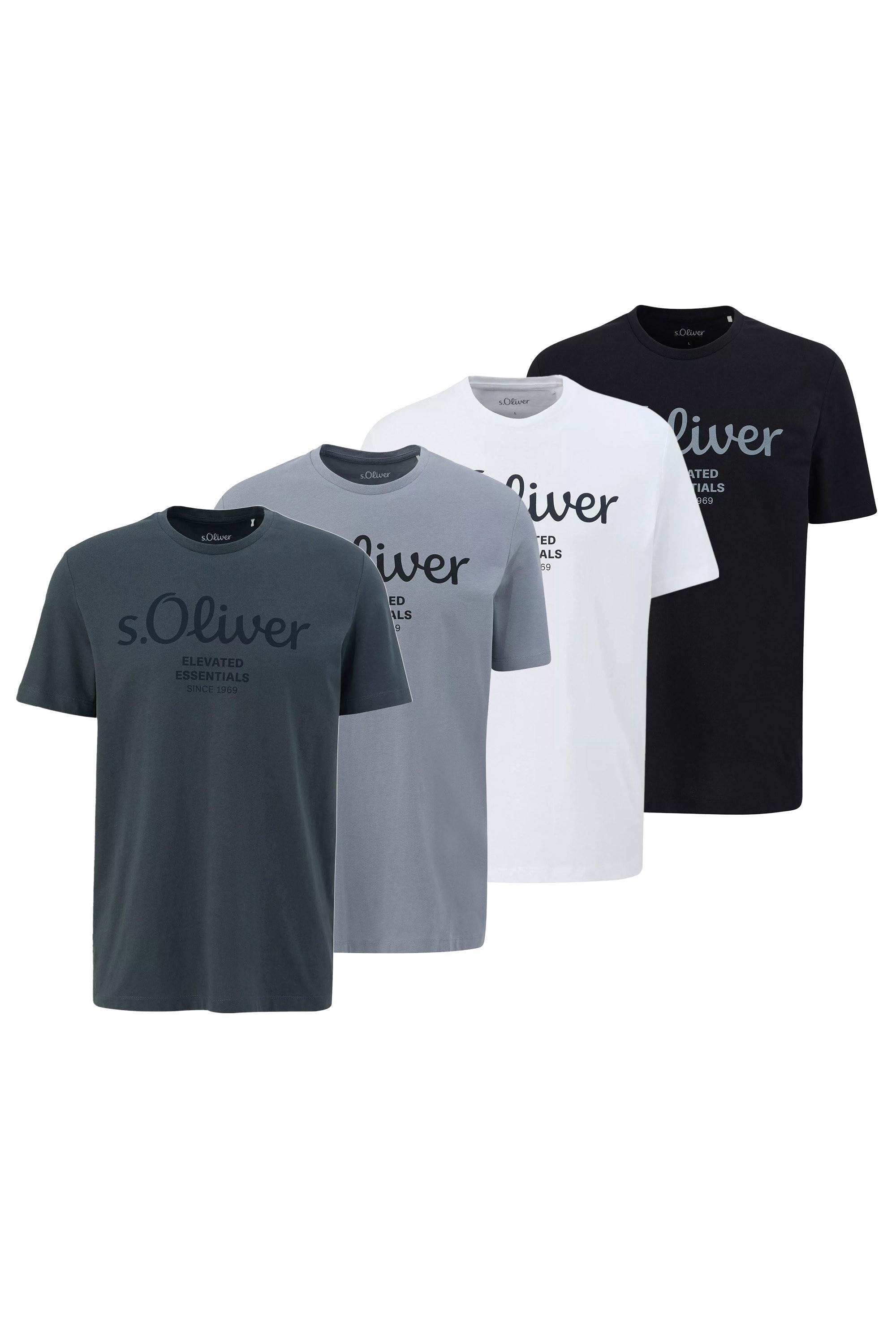 s.Oliver, Set de tricouri cu imprimeu logo - 4 piese, Alb, Negru, Gri antracit, M