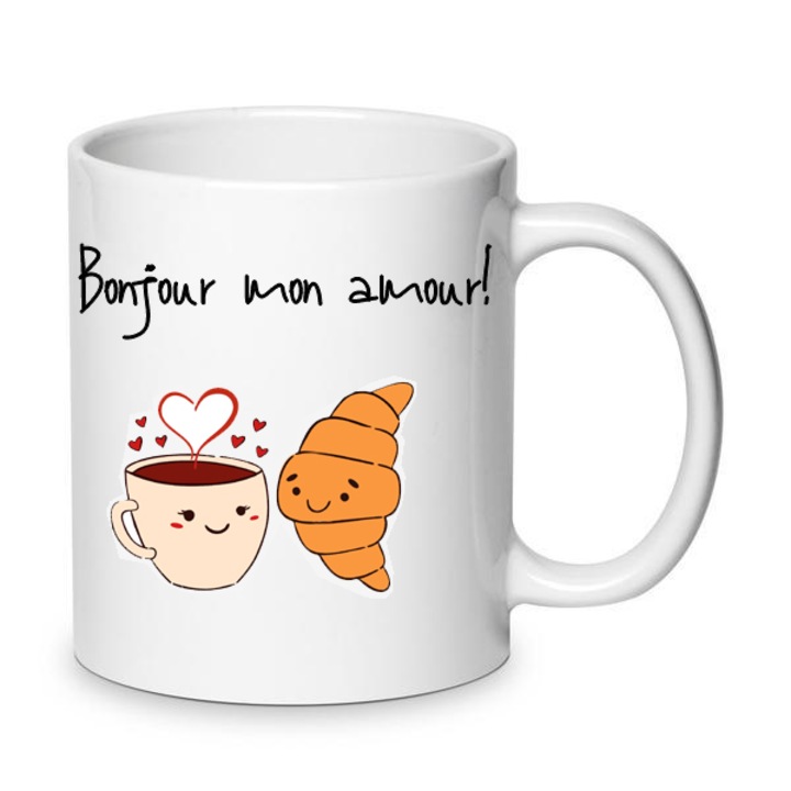 Cana ceramica 330ml Bonjour Mon Amour, alba, pentru cafea si ceai