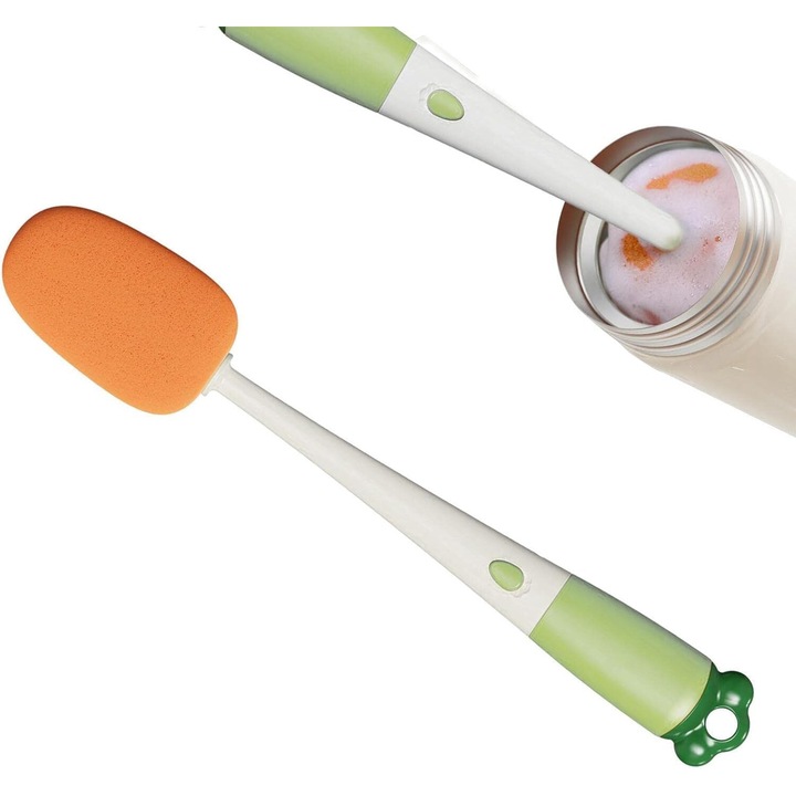 Perie 3 in 1 pentru spalarea sticlelor / paharelor, Zola®, burete, perie silicon si sarba din plastic, 27 cm, alb/verde