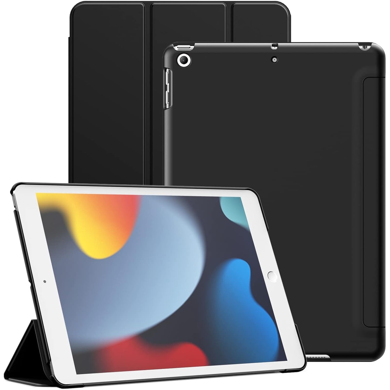 Husa pentru iPad 10, 2 inchi a 9-a a 8-a a 7-a generatie, 2021 2020 2019, carcasa din spate tare, cu suport pentru tableta la atingere moale, trezire automata neagra