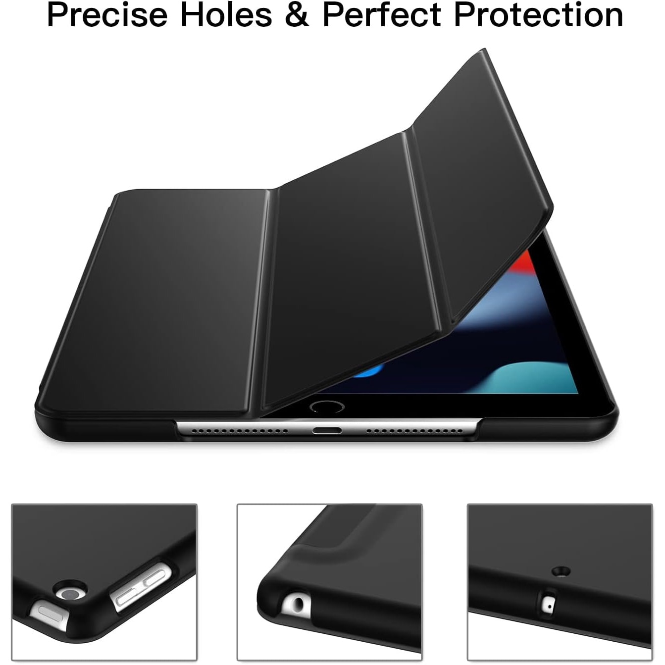 Husa pentru iPad 10, 2 inchi a 9-a a 8-a a 7-a generatie, 2021 2020 2019, carcasa din spate tare, cu suport pentru tableta la atingere moale, trezire automata neagra