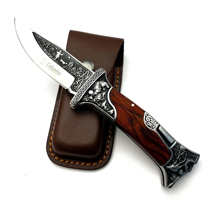 Briceag cu gravura pe maner si lama cu teaca din piele, 23cm deschidere manuala EMS-837