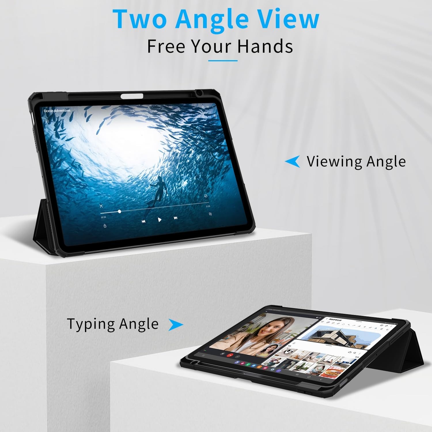 Husa iPad Pro 11 inch M4 2024, cu suport pentru creion, suport triplu din piele PU, cu Auto Wake Sleep-neagra