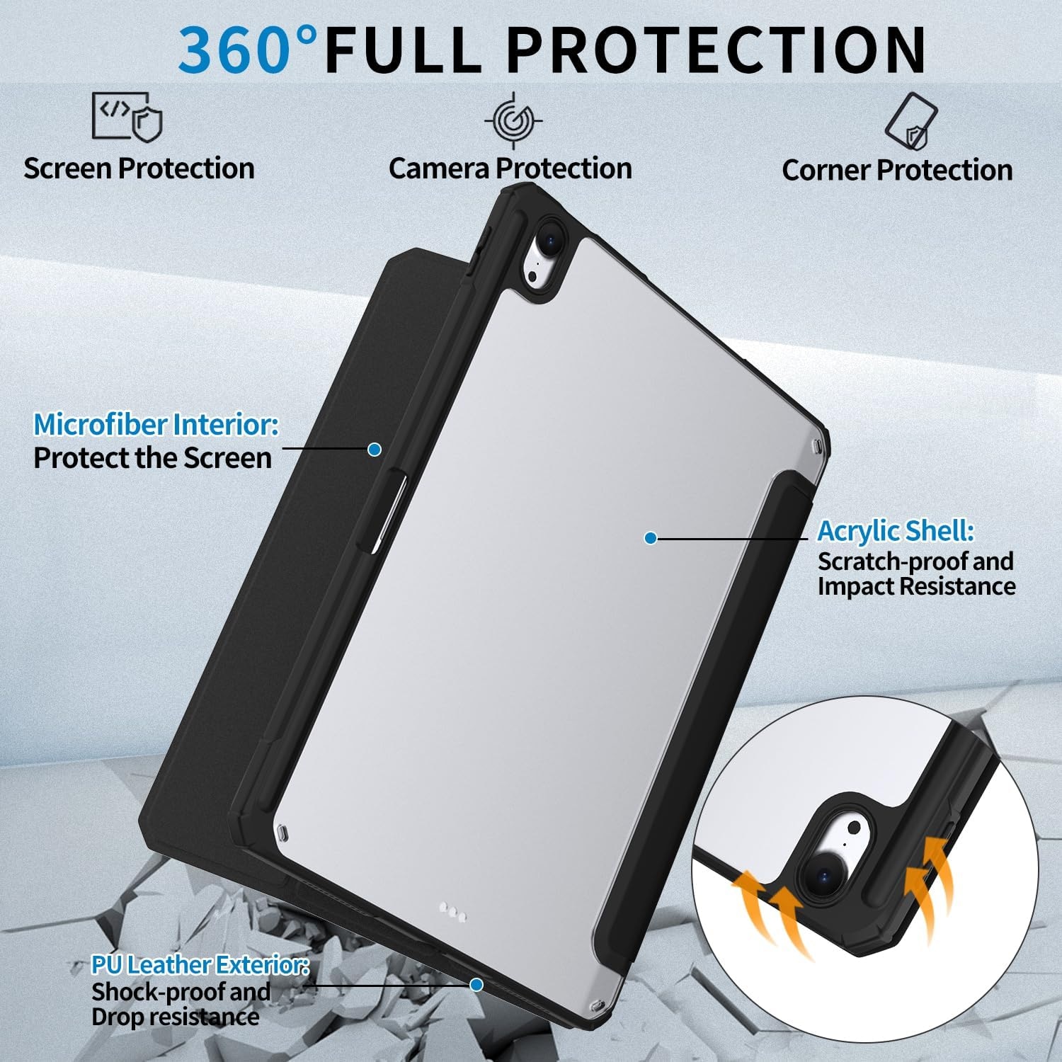 Husa iPad Pro 11 inch M4 2024, cu suport pentru creion, suport triplu din piele PU, cu Auto Wake Sleep-neagra
