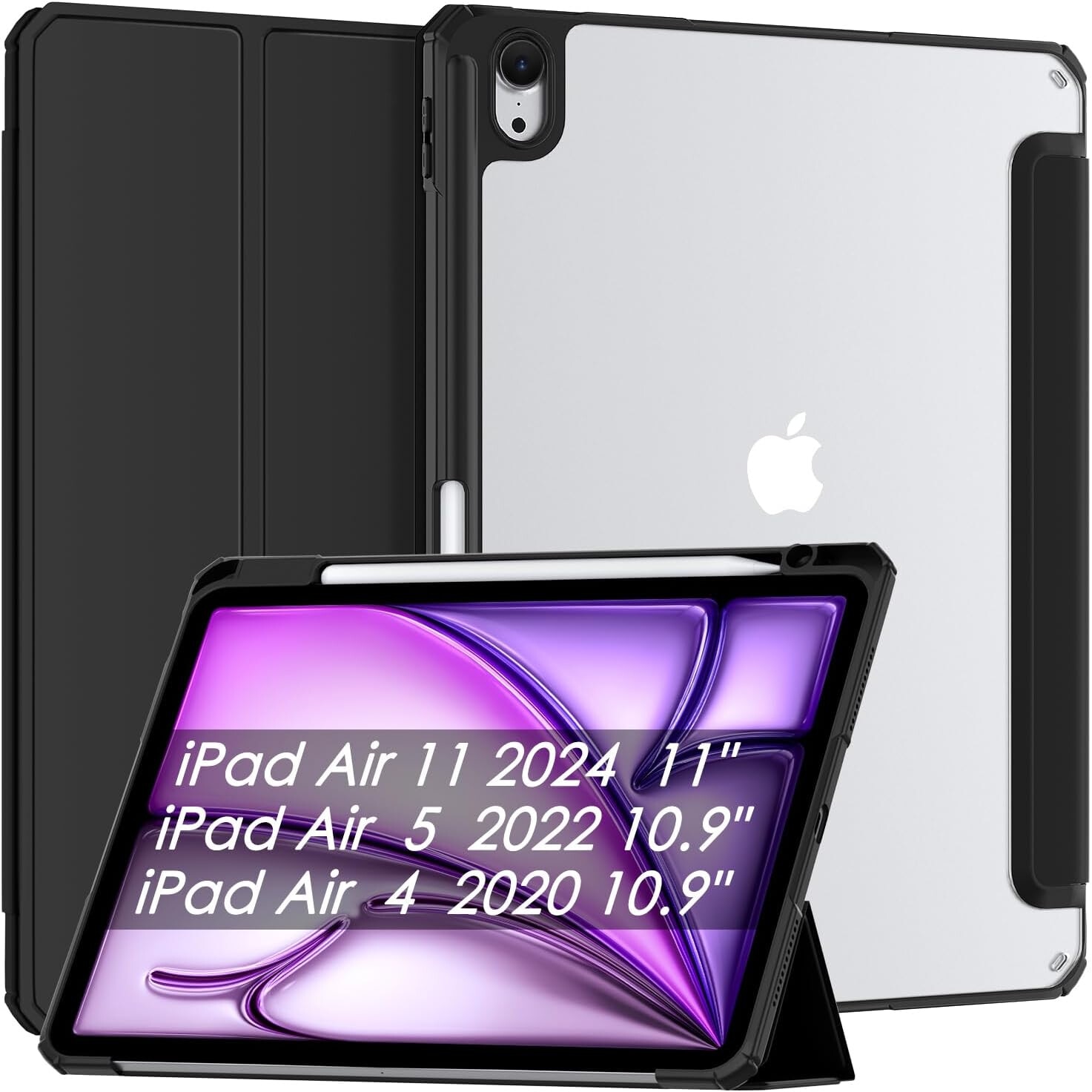 Husa iPad Pro 11 inch M4 2024, cu suport pentru creion, suport triplu din piele PU, cu Auto Wake Sleep-neagra