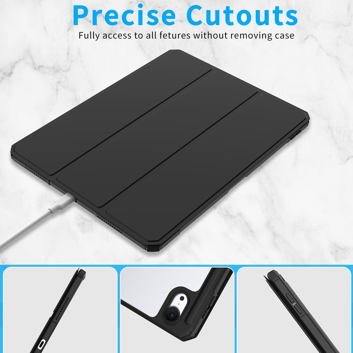 Husa iPad Pro 11 inch M4 2024, cu suport pentru creion, suport triplu din piele PU, cu Auto Wake Sleep-neagra