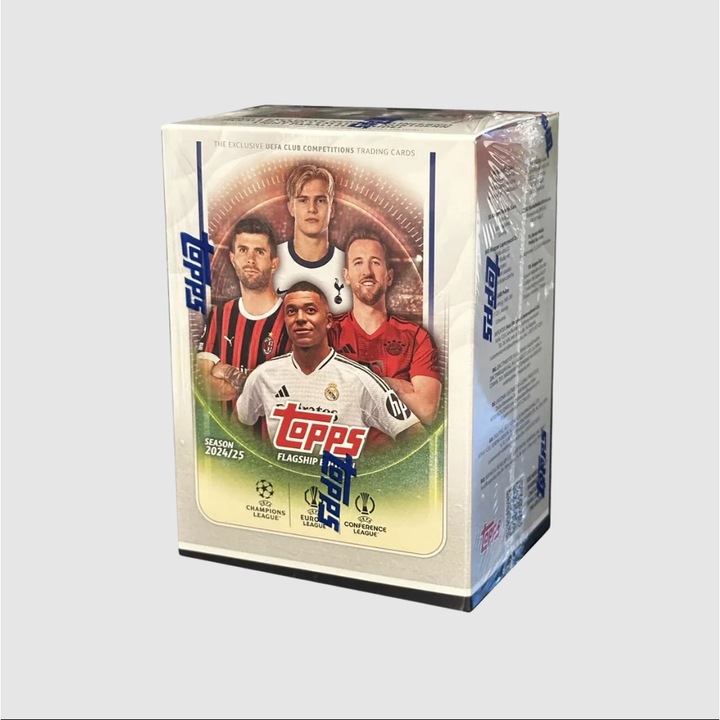 2024/25 Topps UEFA Club Competitions Soccer 7-Pack Blaster Doboz, 56db Focis Kártya, benne 3db Exclusive Parallel Kártya és 1db Garantált Inferno Sorszámozott Kártya