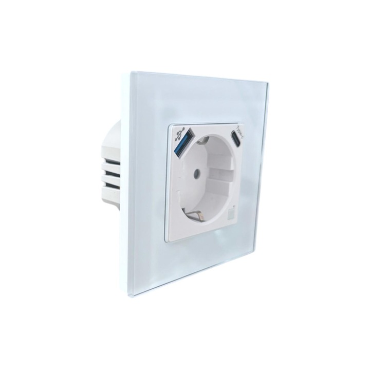 Priza smart incastrata, 16A, USB-A si Type-C, monitorizare consum si control prin aplicatia Tuya - Smartlife, compatibila Amazon Alexa si Google Assistant, rama sticla securizata, alb, AVI-4653