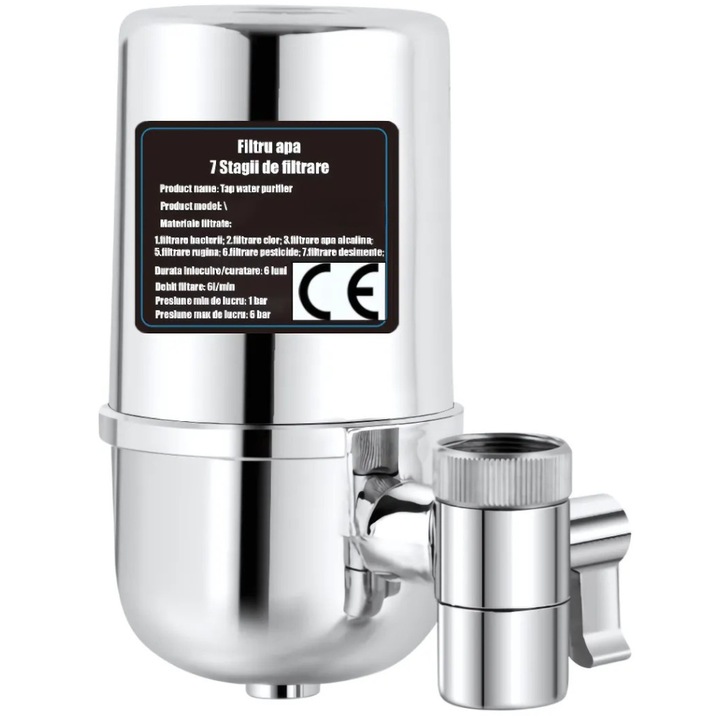 Filtru apa montaj pe robinet Promerco®, eliminare impuritati, clor, metale grele, sedimente, mirosuri neplacute, capacitate 50000 L, cartus reutilizabil, materiale durabile si de inalta calitate, argintiu