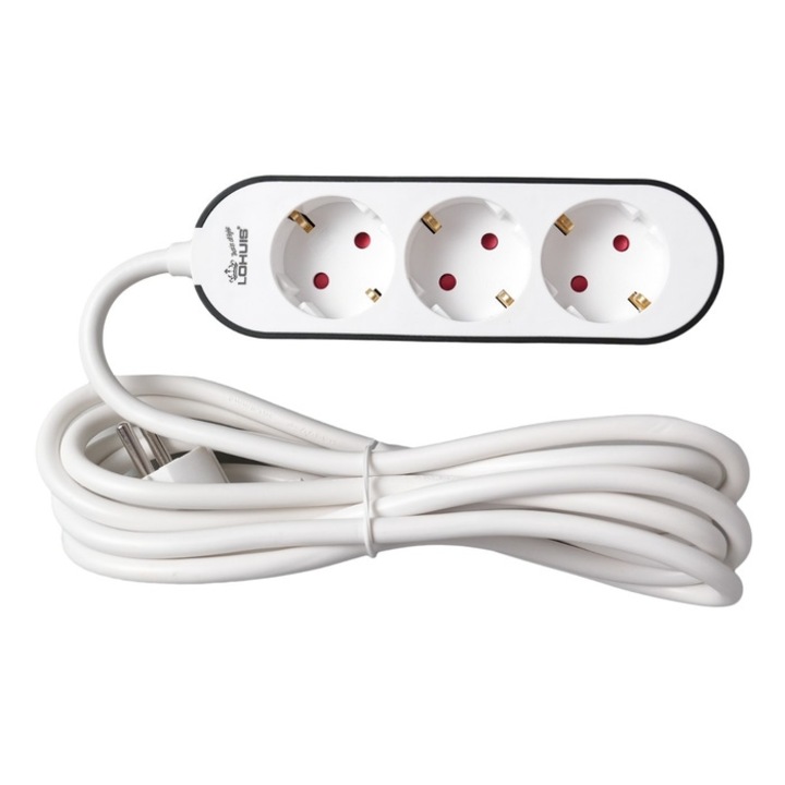 Удължителен кабел Lohuis, 3 гнезда, 3 м, 3500W, 3 x 1,5 mmp, защитен контакт, защита от деца, бял/черен