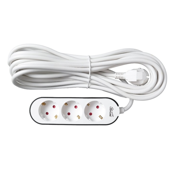 Удължителен кабел Lohuis, 3 гнезда, 7 м, 3500W, 3 x 1,5 mmp, защитен контакт, защита от деца, бял + черен