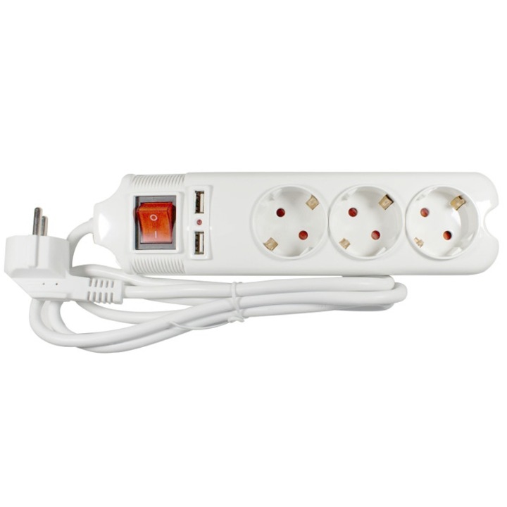 Lohuis удължител 3 гнезда + 2 x USB, 1.5 m, 3500W, 3 x 1.5 mmp, защитен контакт, ключ, светлинен индикатор
