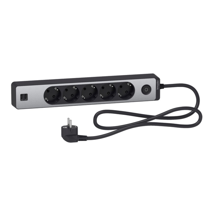Schneider Electric ST945U1BA удължител, 5 гнезда със защитен контакт и 2 USB гнезда 5V 2.4A, 1.5 m, 3680W, ключ, светлинен индикатор