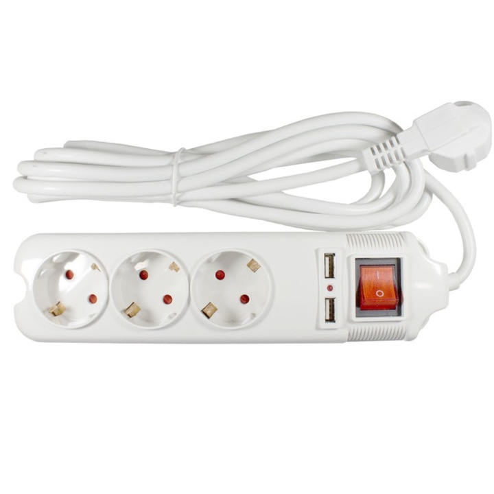 Lohuis удължител 3 гнезда + 2 x USB, 3 m, 3500W, 3 x 1,5 mmp, защитен контакт, ключ, светлинен индикатор