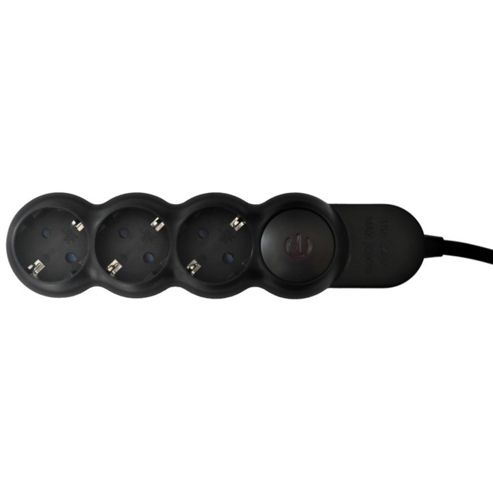 Hoff Line Удължител с 3 гнезда, 3 м, 3500W, 3 x 1,5 mmp, ключ, черен