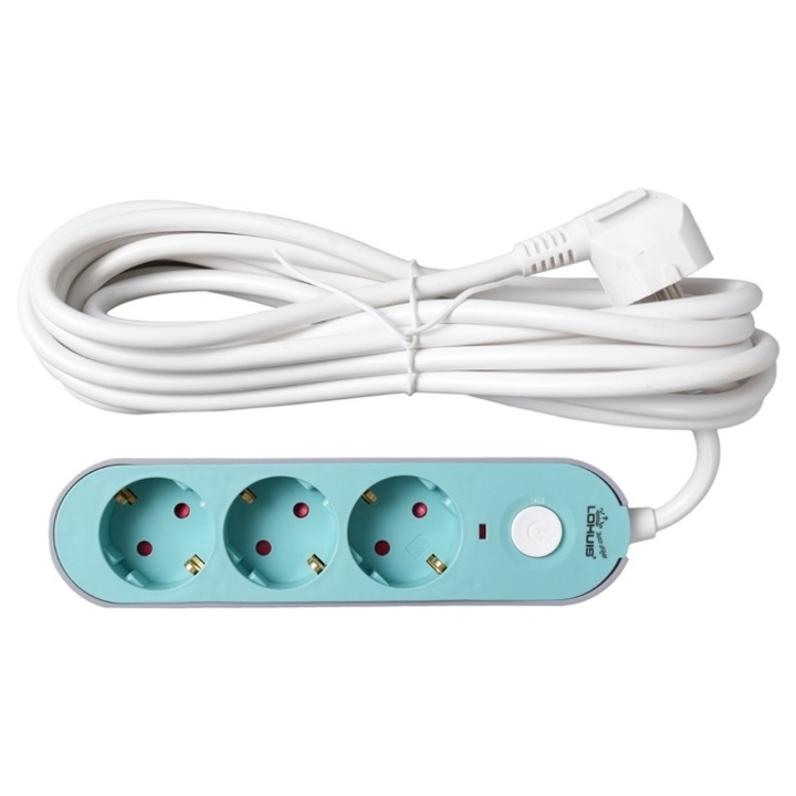 Удължител Lohuis, 3 гнезда, 5 м, 3500W, 3 x 1,5 mmp, защитен контакт, защита от деца, ключ, бяло + тюркоаз