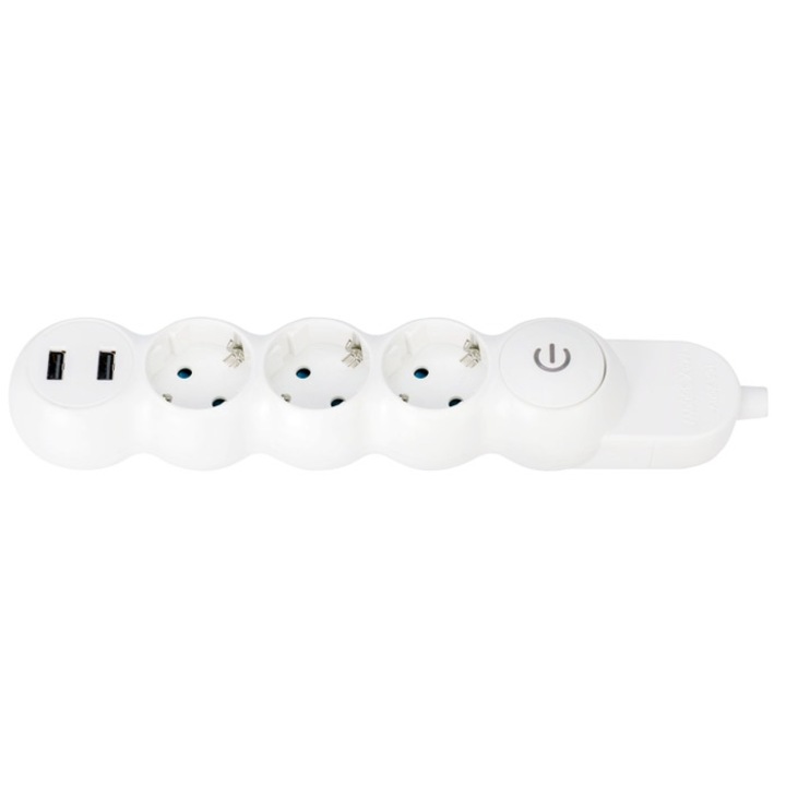 Удължител Hoff Line с 3 гнезда, 3 м, 3500W, 2 x USB 2.4A, защитен контакт, ключ