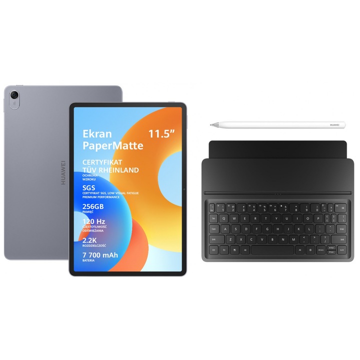 Таблет Huawei MatePad 11.5 PaperMatte 2025, процесор Qualcomm Snapdragon 7 Gen 1, IPS екран 11.5", 8GB RAM, 256GB Flash, 13MP, Wi-Fi, Bluetooth, Android + клавиатура и сив стилус