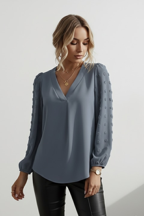 Bluza eleganta cu maneci voal picouri, Blue jeans