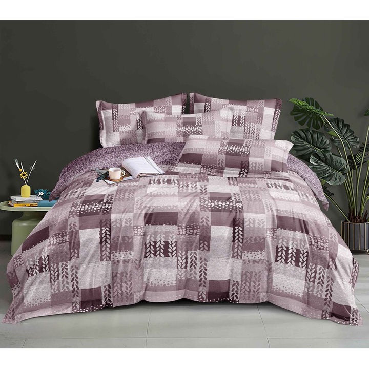 Set Lenjerie CHIRASO Eleganta Finet, pentru 1 sau 2 persoane, 4 piese: Cearceaf de pat cu elastic 140 x 200 x 25 cm, Husa pilota 160 x 200 cm, 2 fete de perna 55 x 80 cm, cu imprimeu abstract, maro rosiatic