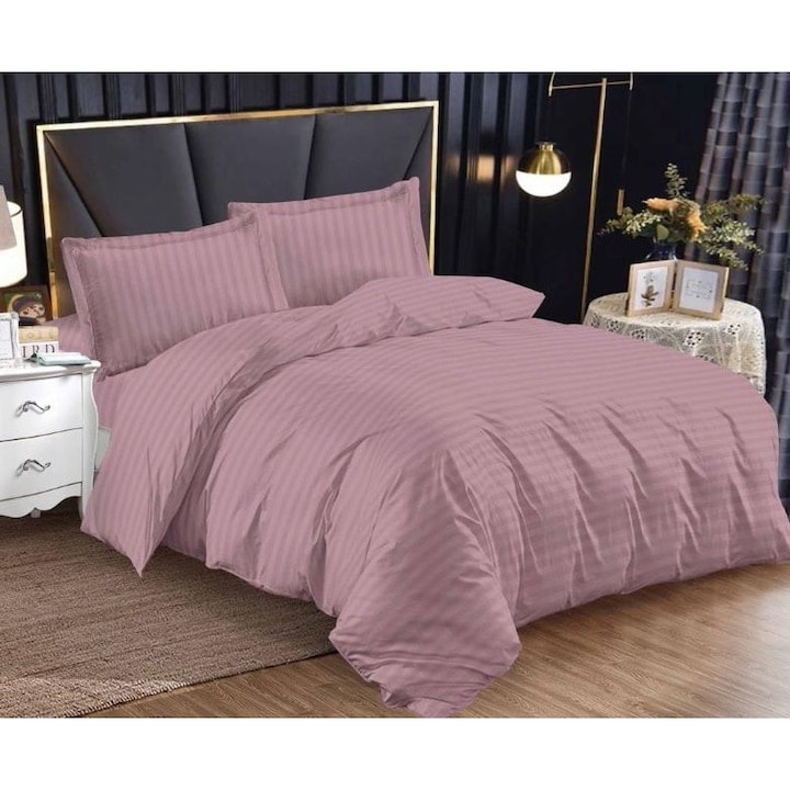 Lenjerie pentru pat dublu, dimensiuni 230 X 250 cm, cu 4 piese, din bumbac finet, cu 4 piese, pentru 2 persoane, lila