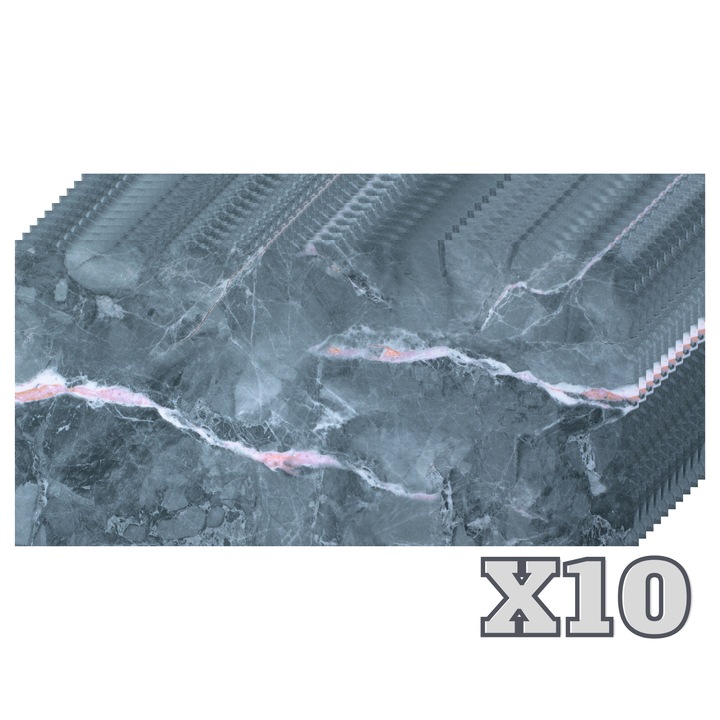 Комплект от 10 самозалепващи се плочки имитация на мрамор ZMR, 30x60 см, модел „Океанска тишина“, дебелина 2 мм, водоустойчив PVC материал, покритие: 1,8 кв. м – Дискретна елегантност за модерен интериор