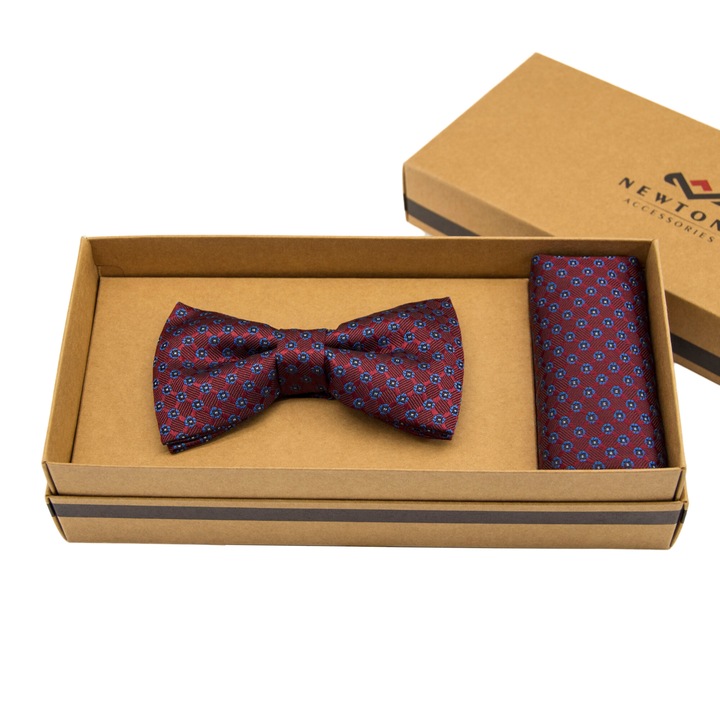 Set Papion Clasic si Batista, Cu aspect matasos si textura fina, Newtone, SET-PB-50, Cu motive geometric, Bordeaux / Turcoaz, 12 x 6 cm, 22 x 22 cm