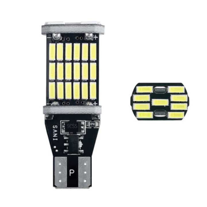 Комплект от 2 LED крушки за кола T15/W16W, 45 SMD, 12V, CanBus, BZRSH®, без грешка при изгоряла крушка, за заден ход, плафон, багажник, огледало, амбиентно осветление, бяла светлина 6500K