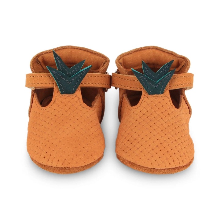 Pantofi Nanoe Velcro - DONSJE AMSTERDAM- Ananas, handmade, 100% piele premium, talpa din cauciuc flexibil, prindere velcro, 18-24 luni