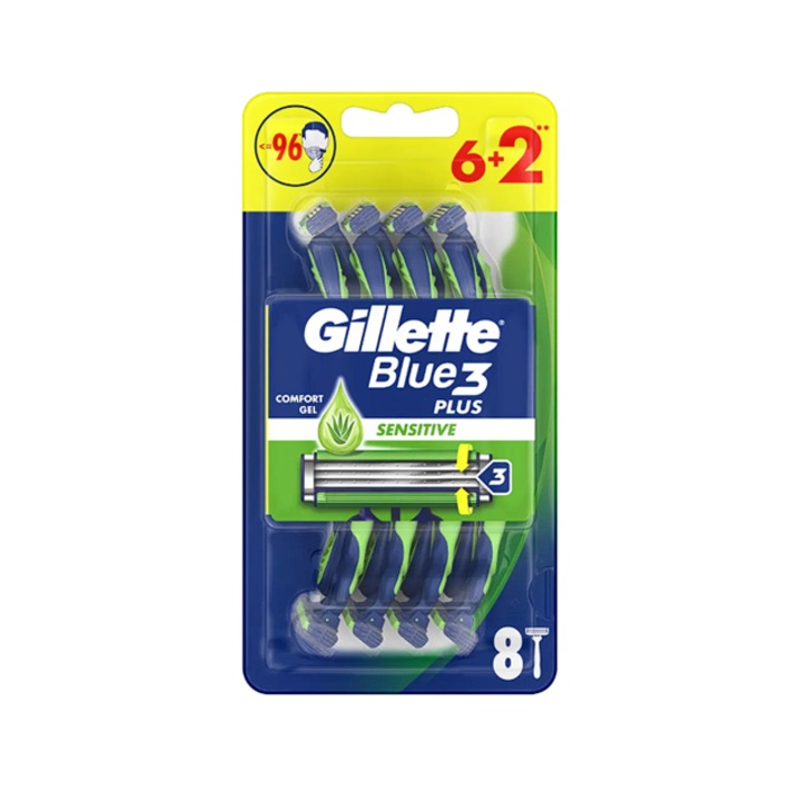 Aparat de ras de unica folosinta Gillette Blue3 Dispo Sensitive, 6+2 bucati