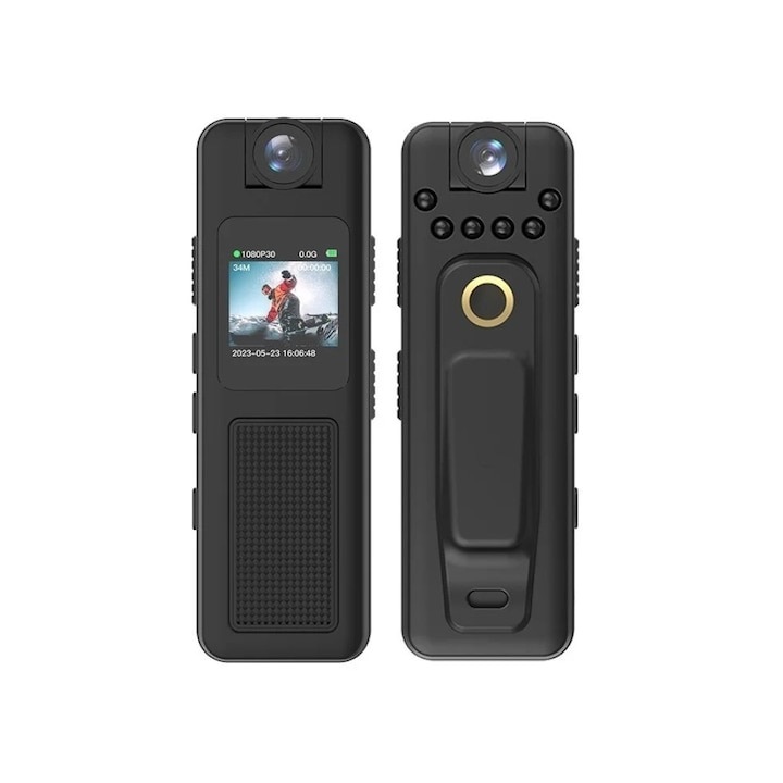 Camera de corp, cu prindere pe haine, inregistrare audio si video, detectare miscare, vedere nocturna, functie de reportofon, baterie reincarcabila, autonomie 4h, USB Tip C, ecarn LCD, negru