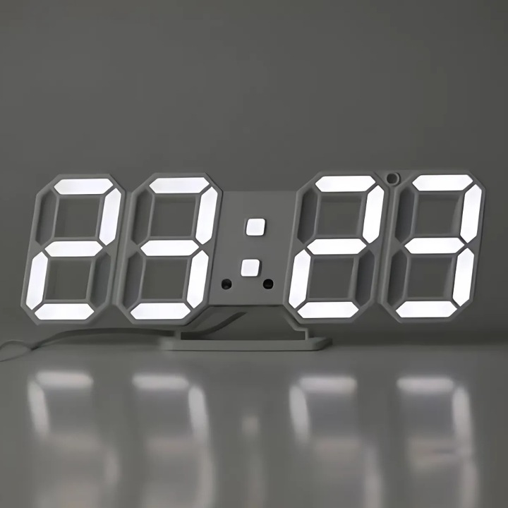 Дигитален LED настолен часовник Promerco®, минималистичен, модерен дизайн, голям дисплей, аларма, отчитане на температурата, снабден със стойка, материал Premium, 23 x 8 x 1,5 cm, бял