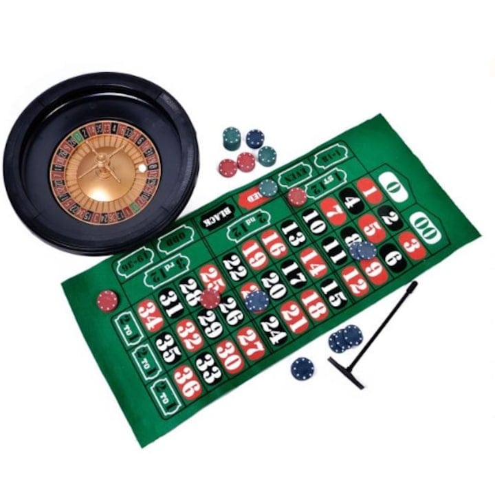 Joc ruleta BlackJack de masa pentru copii, cu jetoane, zaruri si carti, din plastic, verde