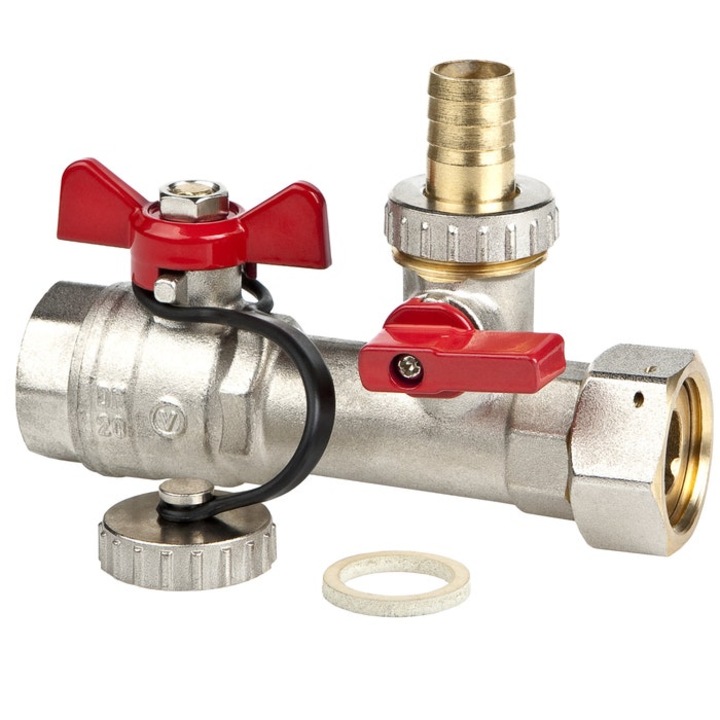 Robinet de inchidere Valvex alama, rosu, cu piulita pivotanta, cu robinet de golire, cu racord olandez, filet interior-interior, 3/4", maner fluture