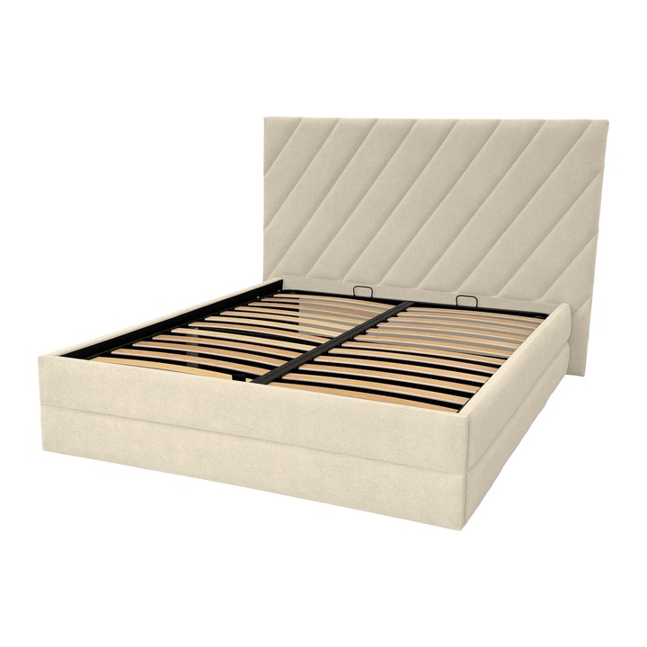 Pat tapitat Stone Luxury cu spatiu de depozitare si somiera rabatabila, crem deschis, C09, 120x200 cm