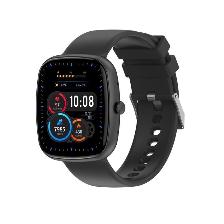 Ceas Smartwatch TRUSMI WH01-011 wireless Bluetooth 5.2, Autonomie 7 zile, Inteligent, Sport, Monitorizare activitati fizice, Functie pasi, Apelare, Microfon HD, Difuzor, Asistent audio Ai, Aplicatie Dafit, Compatibilitate Android/iOS, Unisex, Negru