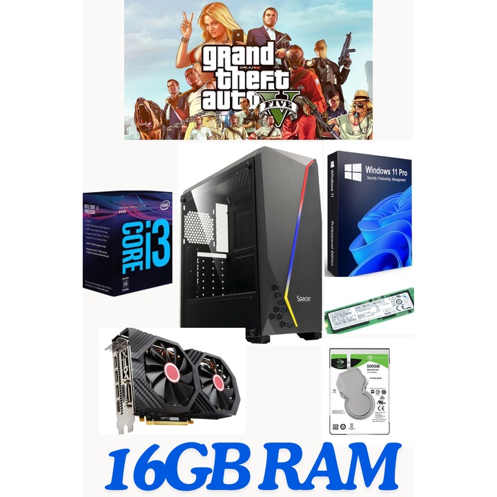 Компютър за игри Fornite GTA5 CSGO Spacer Flash i3-8100 3.6Ghz ram 16gb DDR4 ssd M2 240gb+ hdd 500GB SFX RX580 8GB Windows 11
