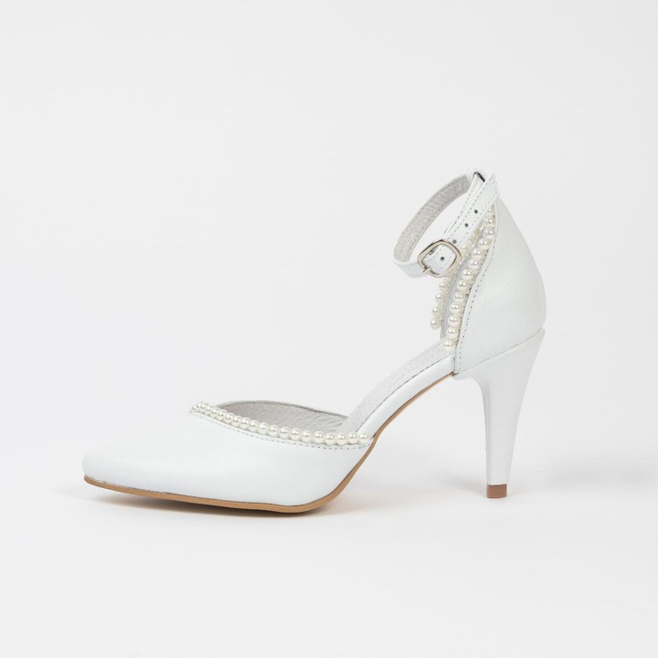 Обувки от естествена кожа, с апликирани перли, Бял