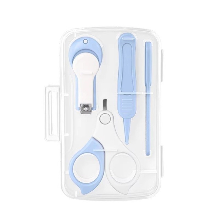 Комплект 4в1 Грижа за нокти на бебета, Прозрачна кутия за съхранение, 0-6 години, 13.6 X 8 X 2 См, Светлосин