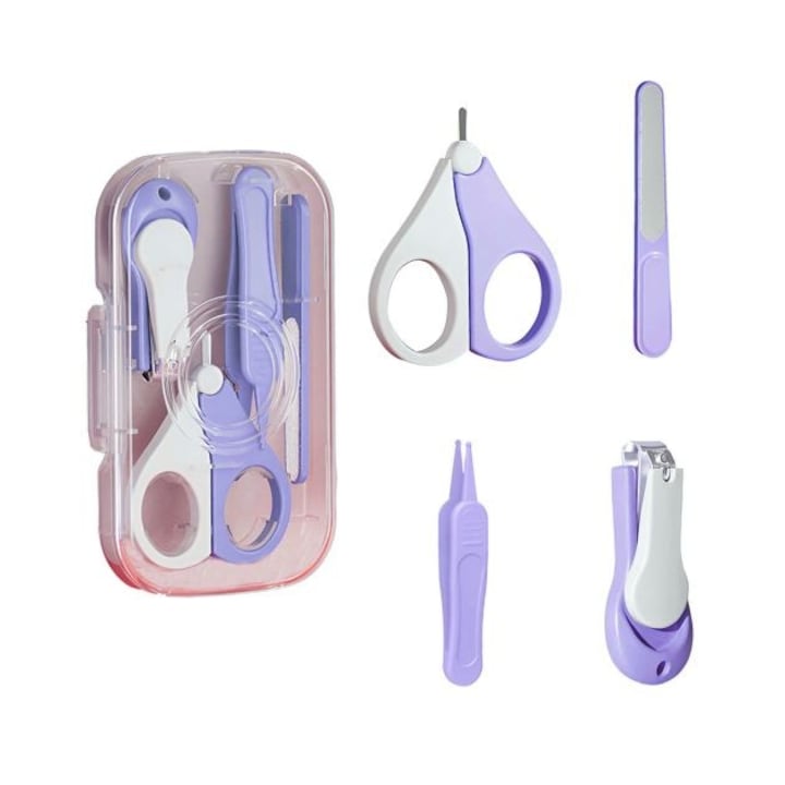 Комплект 4в1 за грижа за ноктите на бебето, текстурирана кутия за съхранение, 0-6 години, 13.6 X 8 X 2 см, лилав
