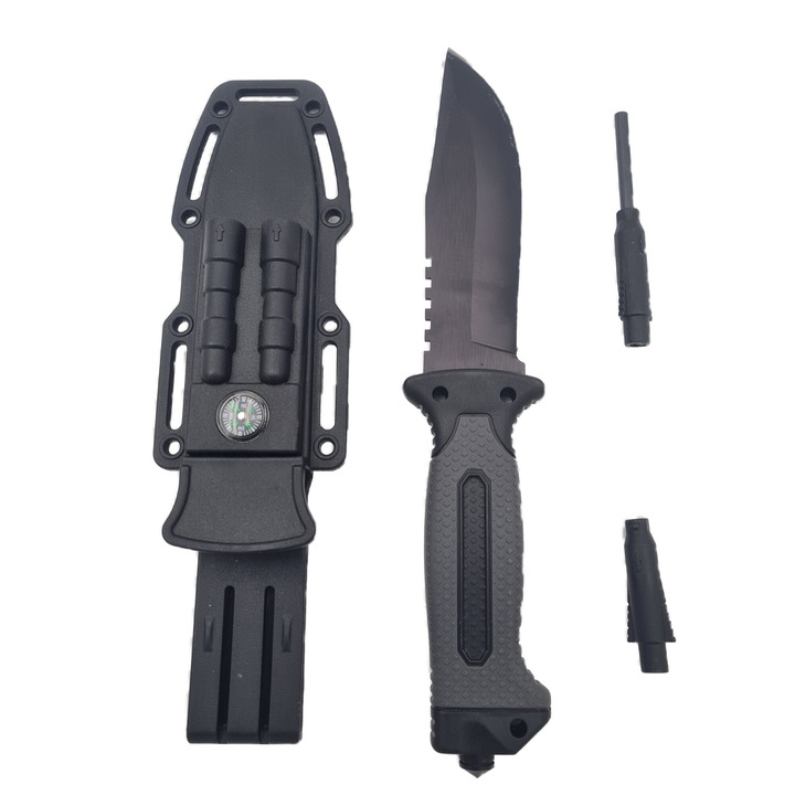 Cutit Vanatoare si Pentru Camping, cu busola, Ascutitor cutit, Aprinzator Foc, Fluier, Husa protectie, Negru, Dalimag