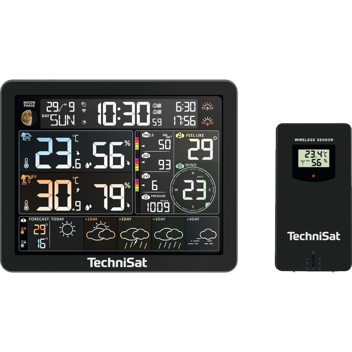 Метеорологична станция, TechniSat, IMETEO 800, WiFi, външен сензор, цветен LCD екран, 60m, черен