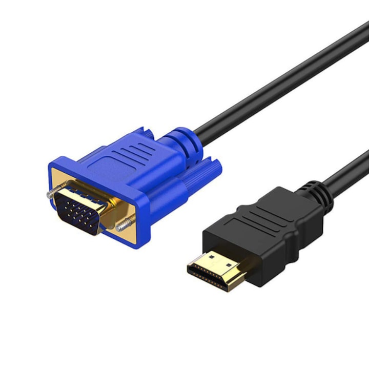 Cablu Transfer Video HDMI la VGA tata-tata, Cablu Adaptor HDMI-tata la VGA-tata 15 pini, Compatibil PC, Laptop, Monitor, Proiector, Lungime 1.5m, Negru
