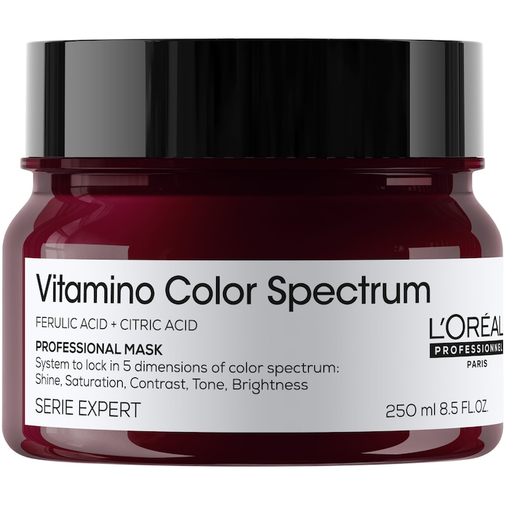 Masca pentru par vopsit L’Oreal Professionnel Serie Expert Vitamino Color Spectrum, pentru fixarea culorii, par mai matasos & puternic, par stralucitor, cu Acid Feluric & Acid Citric fara sulfati, produs vegan, 250ml