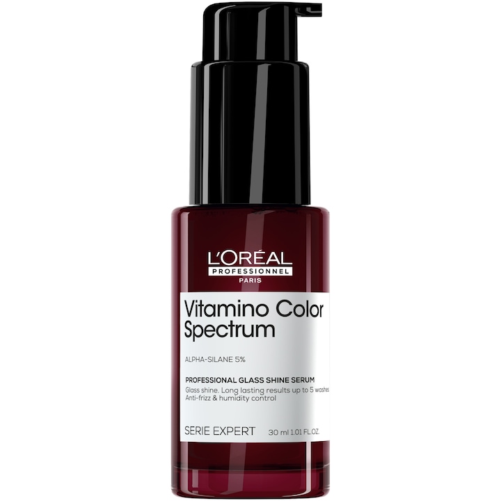Серум за боядисана коса L'Oreal Professionnel Serie Expert Vitamino Color Spectrum Glass Shine, с 5% Apha-silane, хидратация, Устойчивост 10 измивания, UV и термична защита 230°C, Против къдрене, Без сулфати, Веган, 30 мл