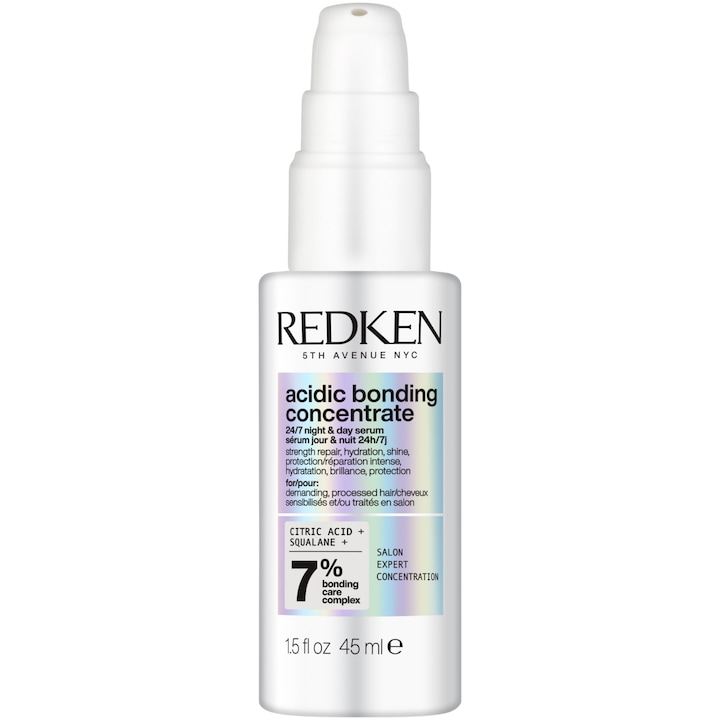 Ser tratament pentru reparare intensa Redken Acidic Bonding Concentrate 24/7 pentru zi si noapte, asigura hidratare, stralucire si protectie, pentru par deteriorat 45 ML