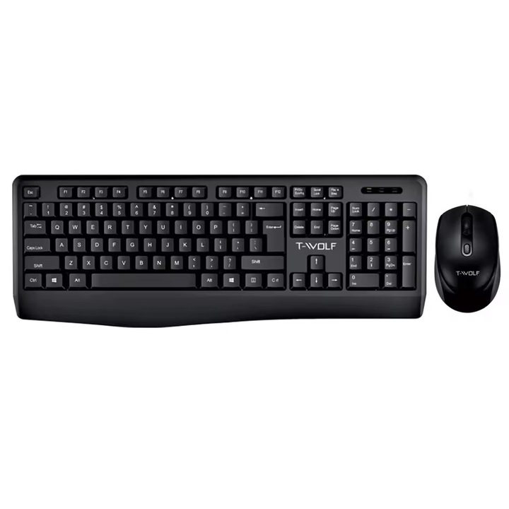 Kit wireless tastatura si mouse T-Wolf T100, USB 2, 4GHz, tastatura cu design elegant, mouse cu 1600 DPI si 3 butoane, negru