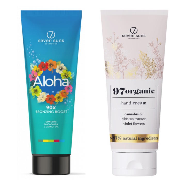 7suns Aloha Bronzer 90x Bronzosító Boost 250ml + kézkrém szett 75ml, karamellolaj, papaya kivonat, uniszex